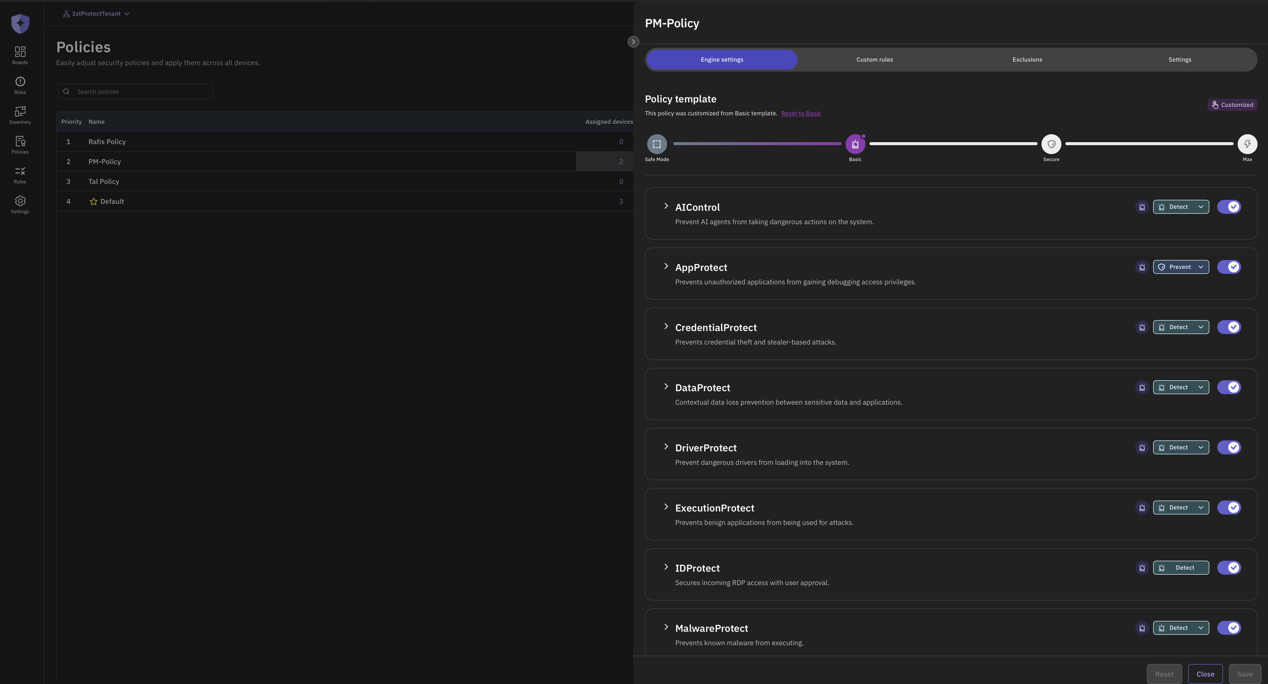 1stProtect policy editor showing policy targeting, AIControl, CredentialProtect, DataProtect, and Detect or Prevent modes.
