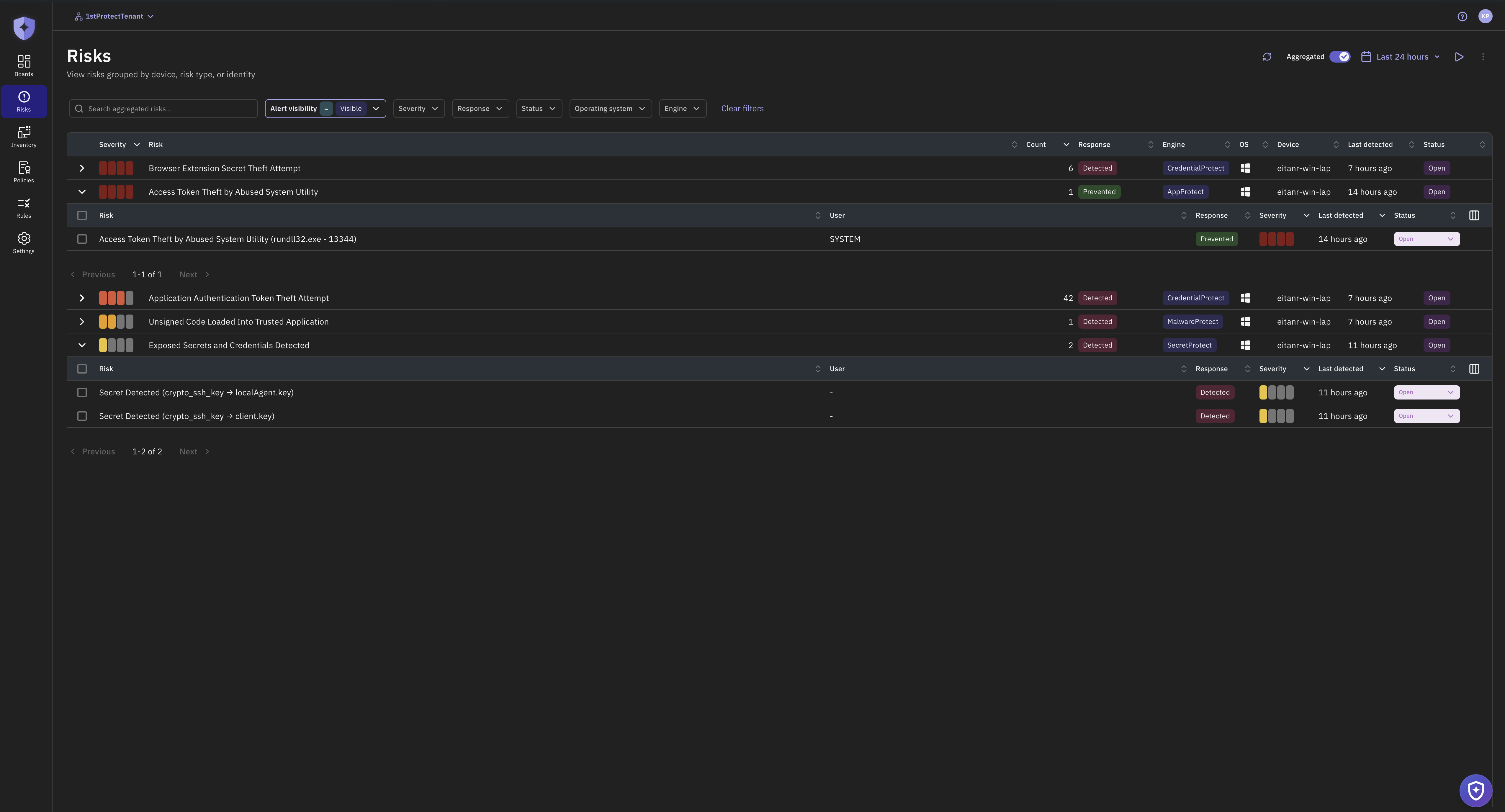 1stProtect risks console showing detected and prevented events with severity, protection engine, endpoint, and status.